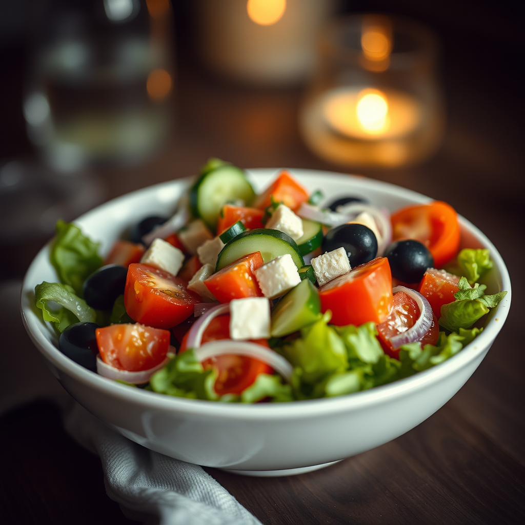 Greek salad with no lettuce, only tomatoes, cucumber, olives, and onion